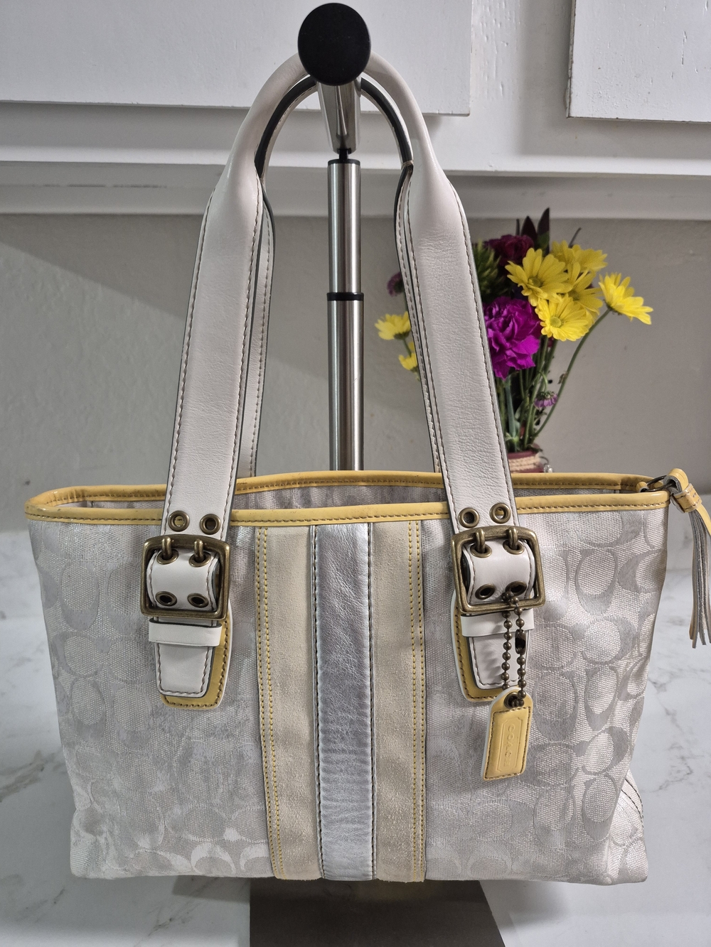 Vintage Y2k Coach White and Silver Signature Tote with Yellow Trim EUC